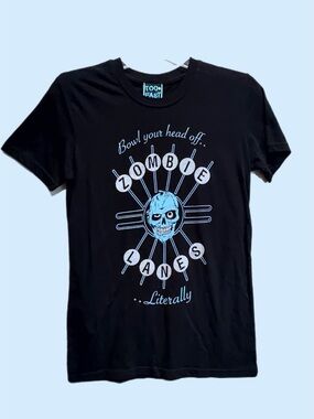 Too Fast Black Tee with Light Blue Zombie Bowling Graphic
